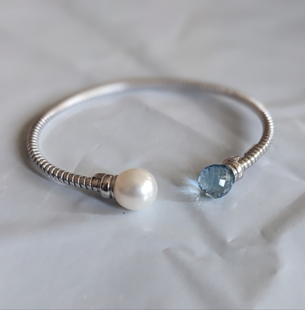 Elegant Silver Bracelet with Pearl and Blue Gemstone Sterling Silver 925